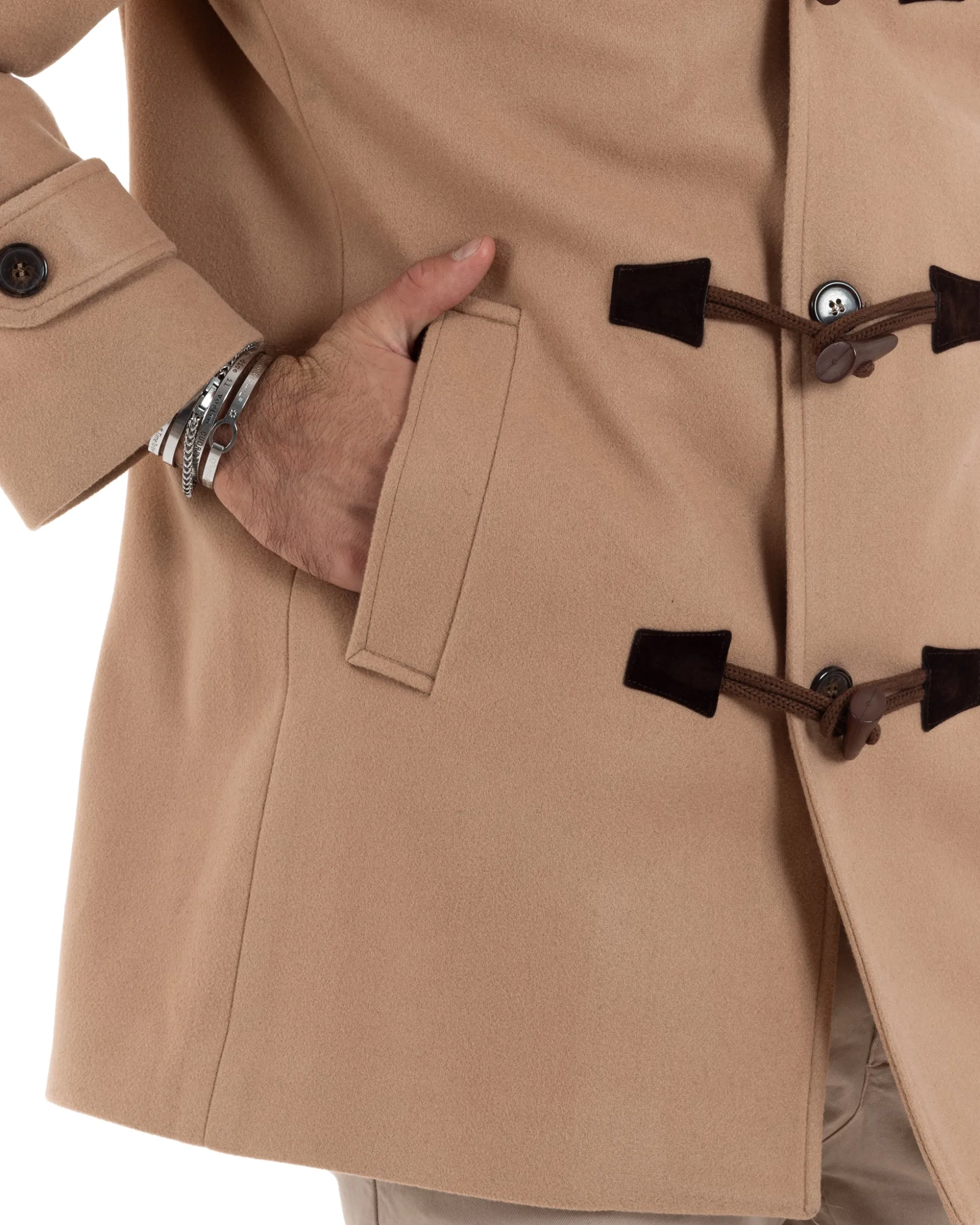 Cappotto Uomo Lana Montgomery Con Alamari E Cappuccio Camel CO1041A