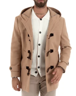 Cappotto Uomo Lana Montgomery Con Alamari E Cappuccio Camel CO1041A