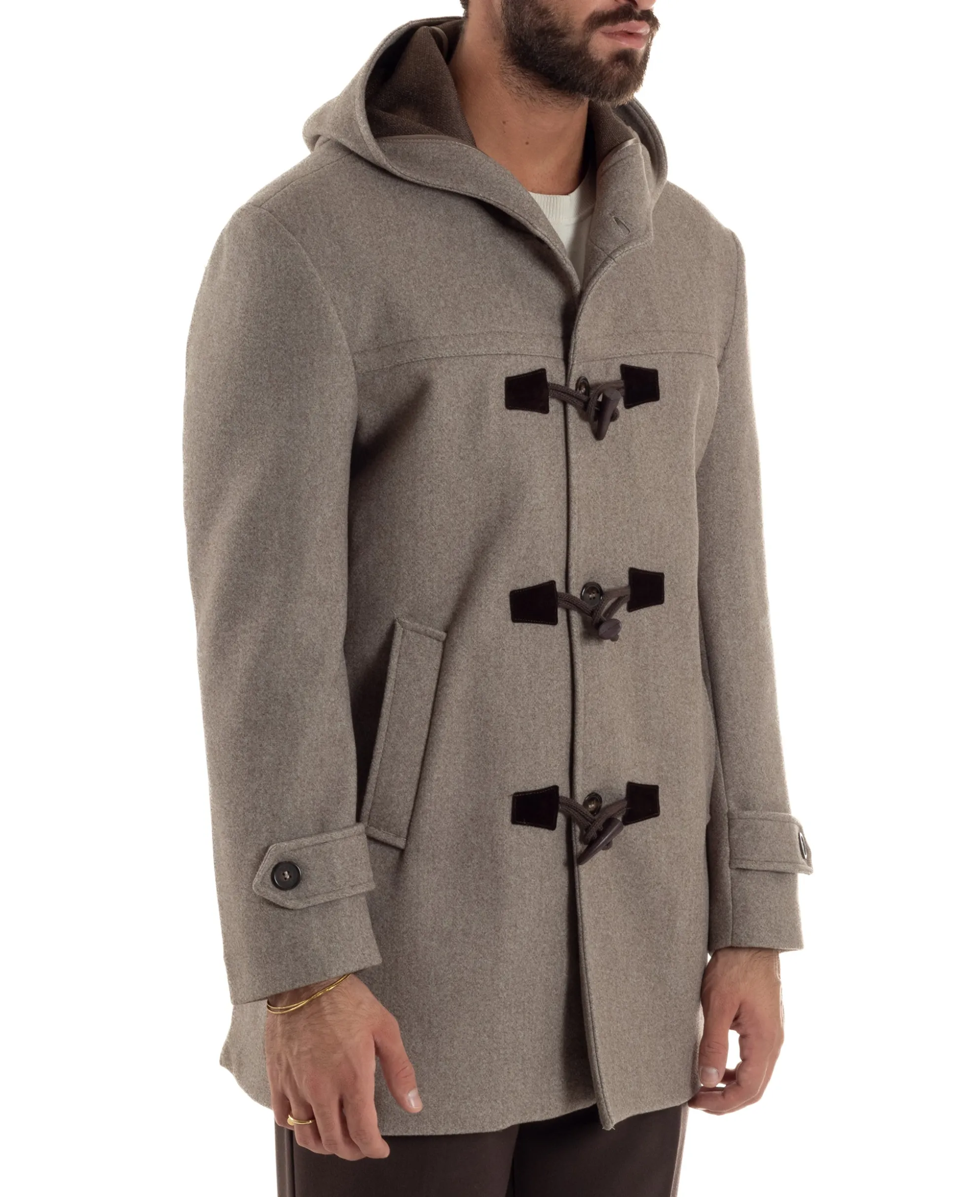 Cappotto Uomo Lana Montgomery Con Alamari E Cappuccio Beige Melangiato CO1074A