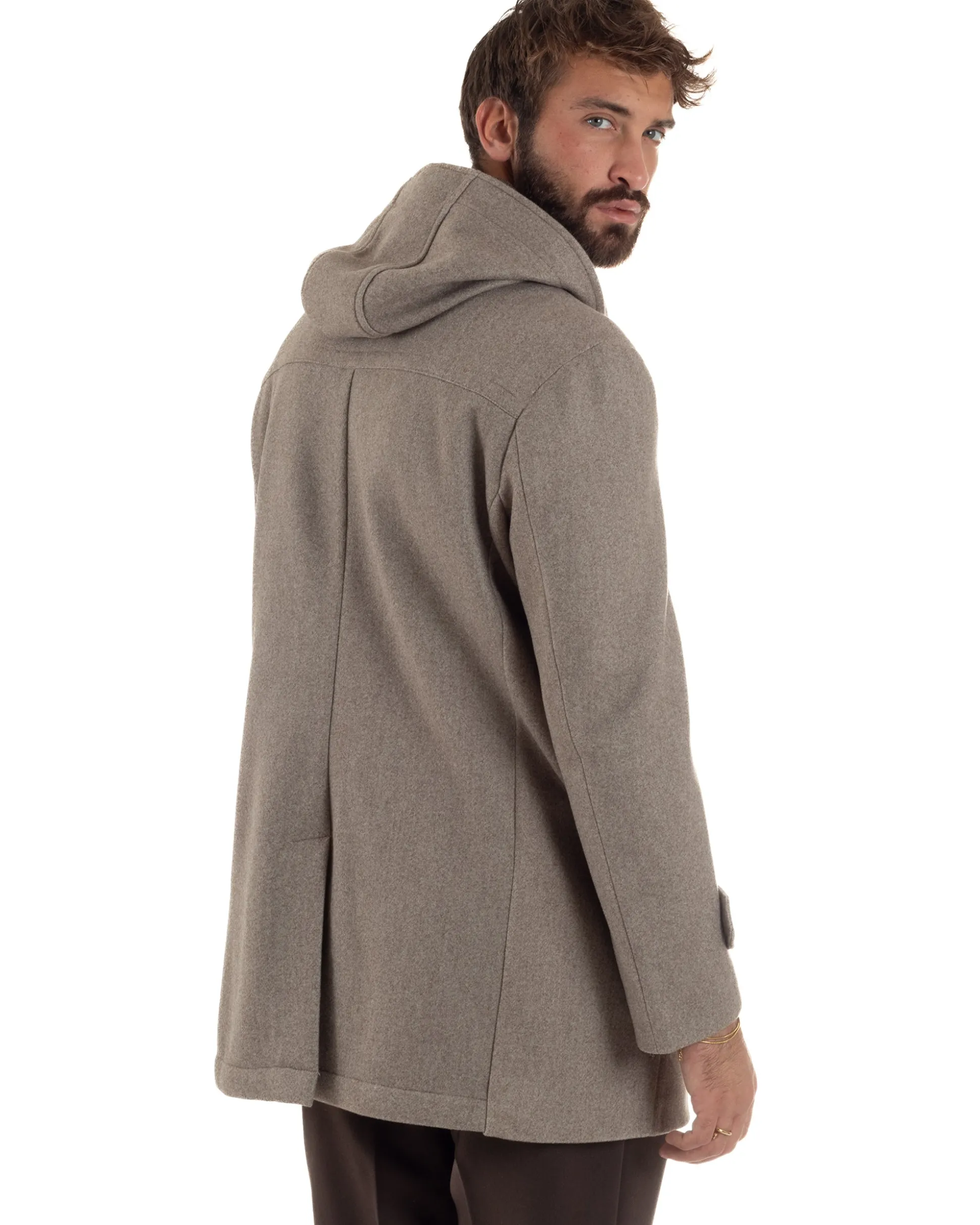 Cappotto Uomo Lana Montgomery Con Alamari E Cappuccio Beige Melangiato CO1074A