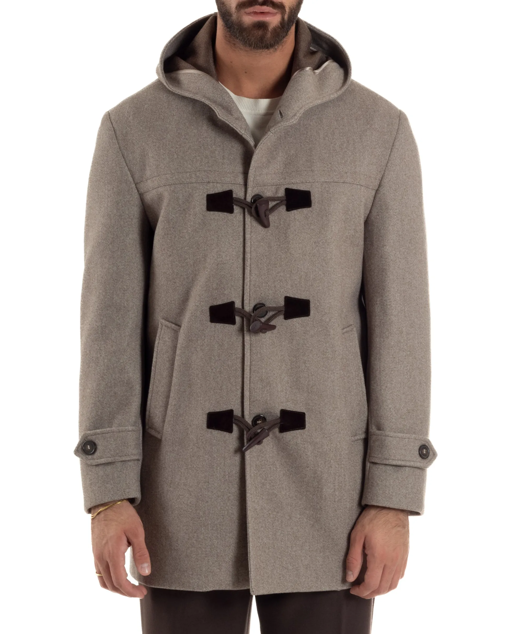 Cappotto Uomo Lana Montgomery Con Alamari E Cappuccio Beige Melangiato CO1074A