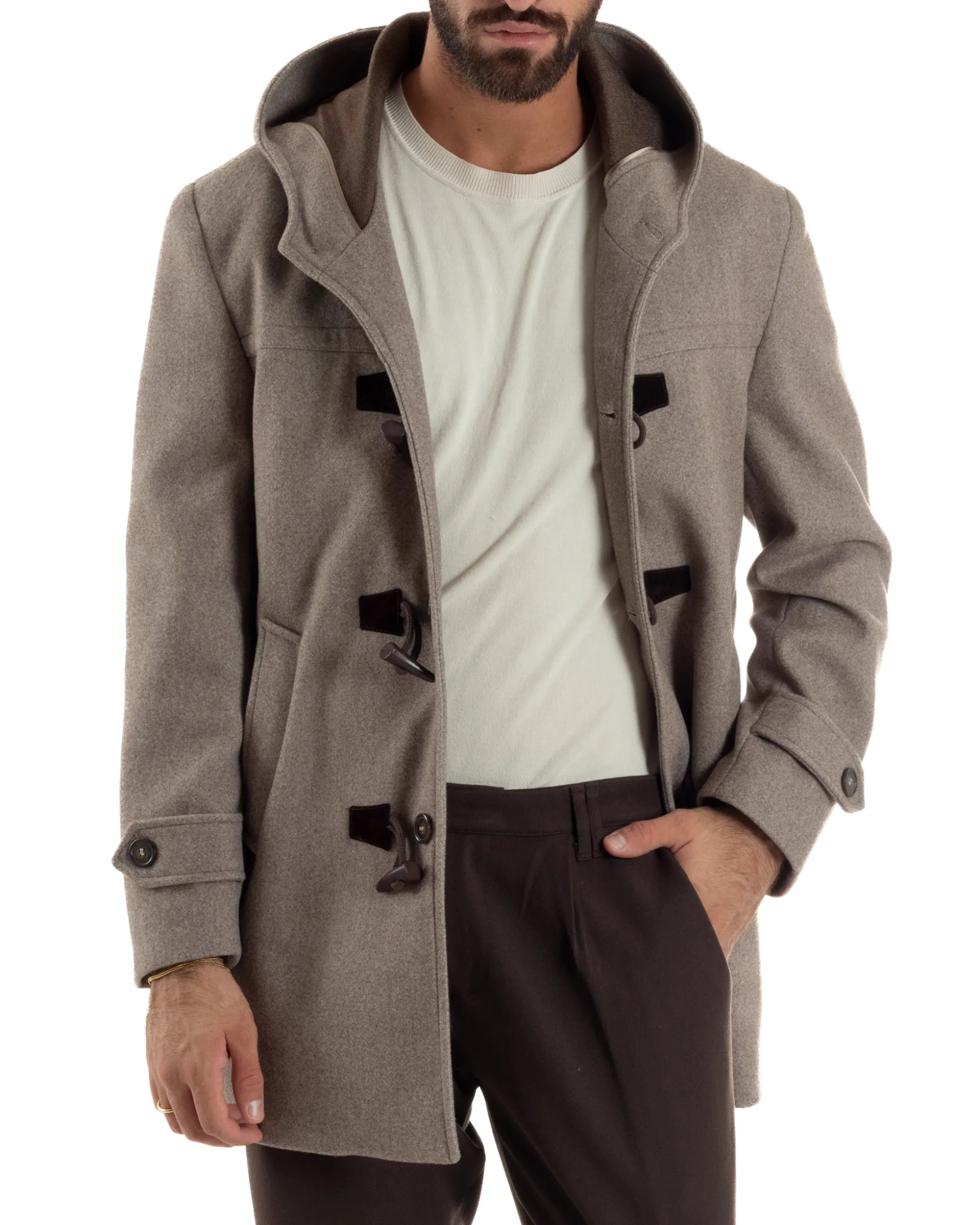 Cappotto Uomo Lana Montgomery Con Alamari E Cappuccio Beige Melangiato CO1074A
