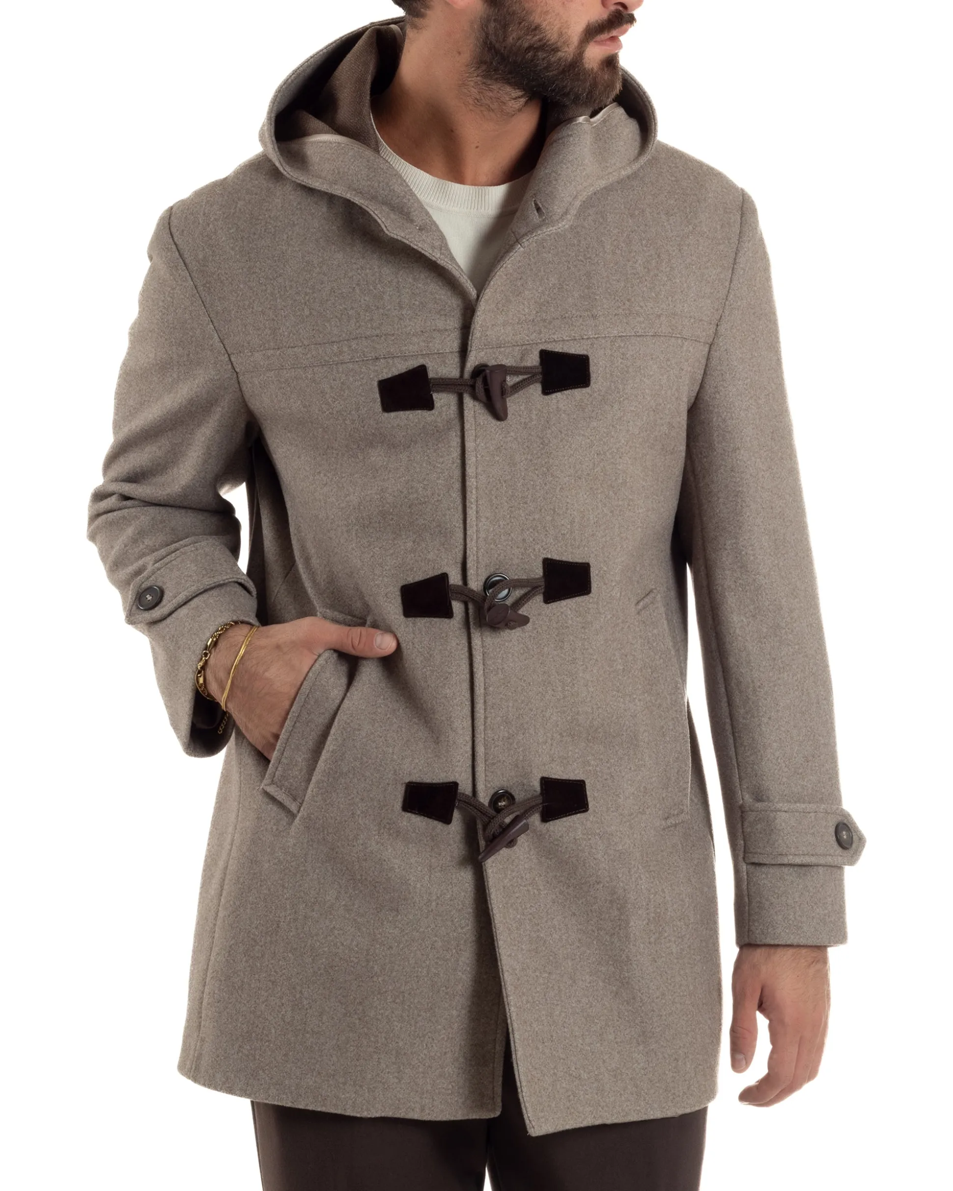 Cappotto Uomo Lana Montgomery Con Alamari E Cappuccio Beige Melangiato CO1074A