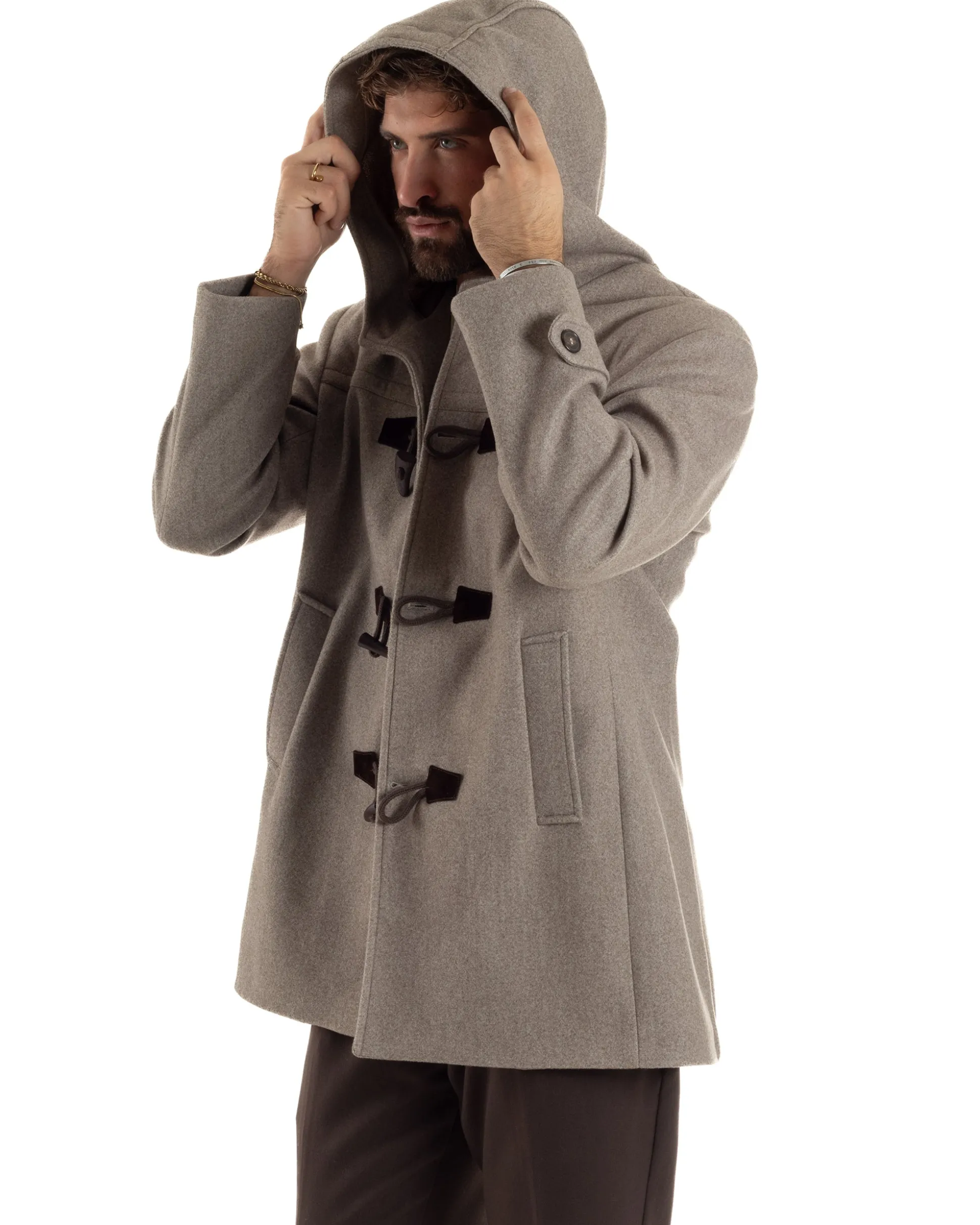 Cappotto Uomo Lana Montgomery Con Alamari E Cappuccio Beige Melangiato CO1074A