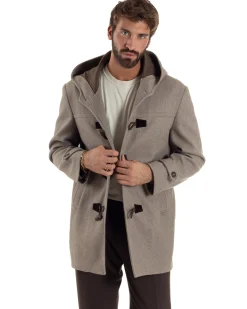 Cappotto Uomo Lana Montgomery Con Alamari E Cappuccio Beige Melangiato CO1074A