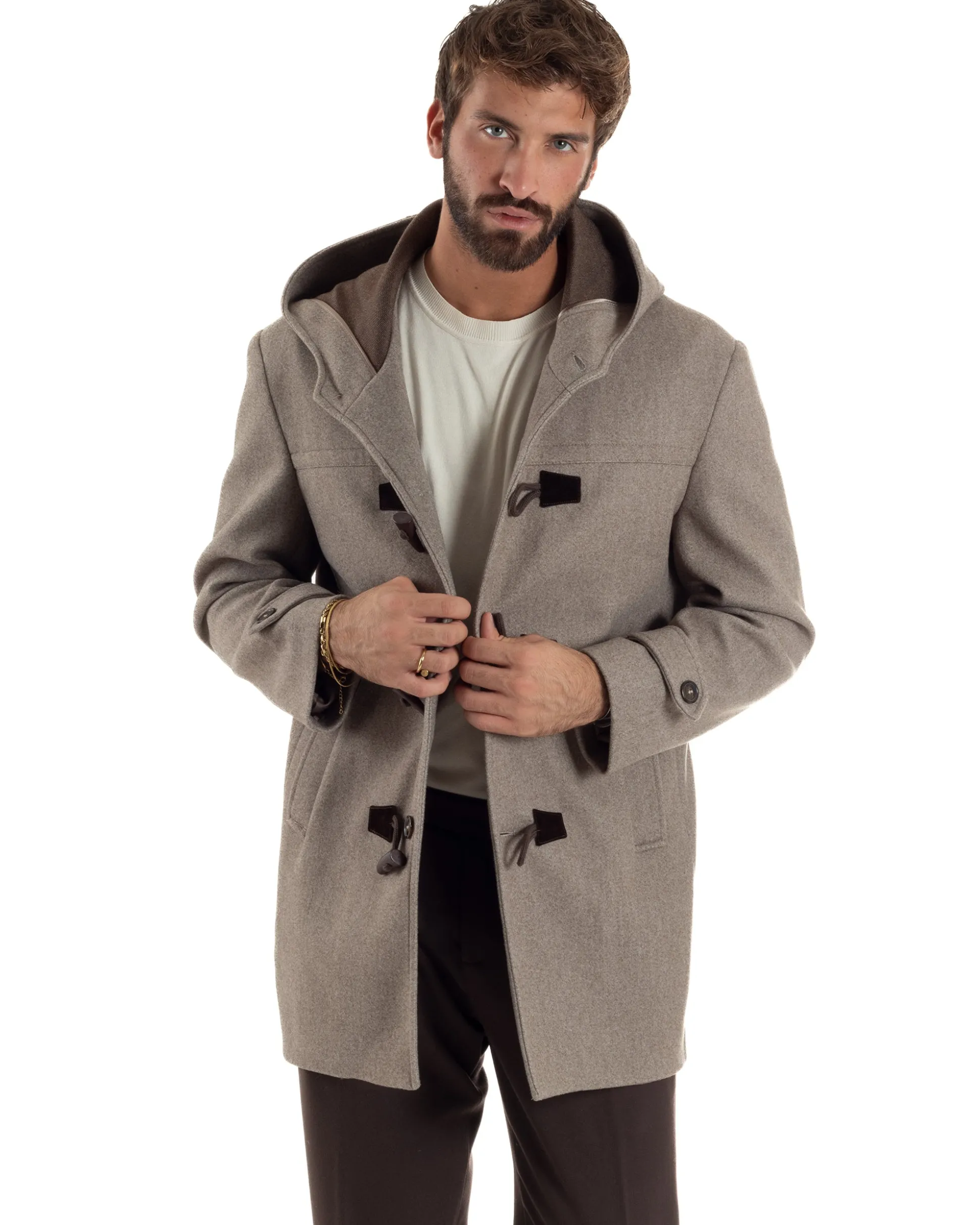 Cappotto Uomo Lana Montgomery Con Alamari E Cappuccio Beige Melangiato CO1074A