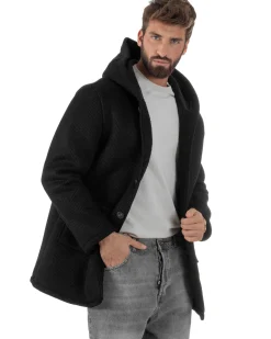 Cappotto Uomo Monopetto Cappuccio Maglia A Coste Nero CO1098A