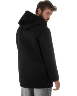 Cappotto Uomo Monopetto Cappuccio Maglia A Coste Nero CO1098A
