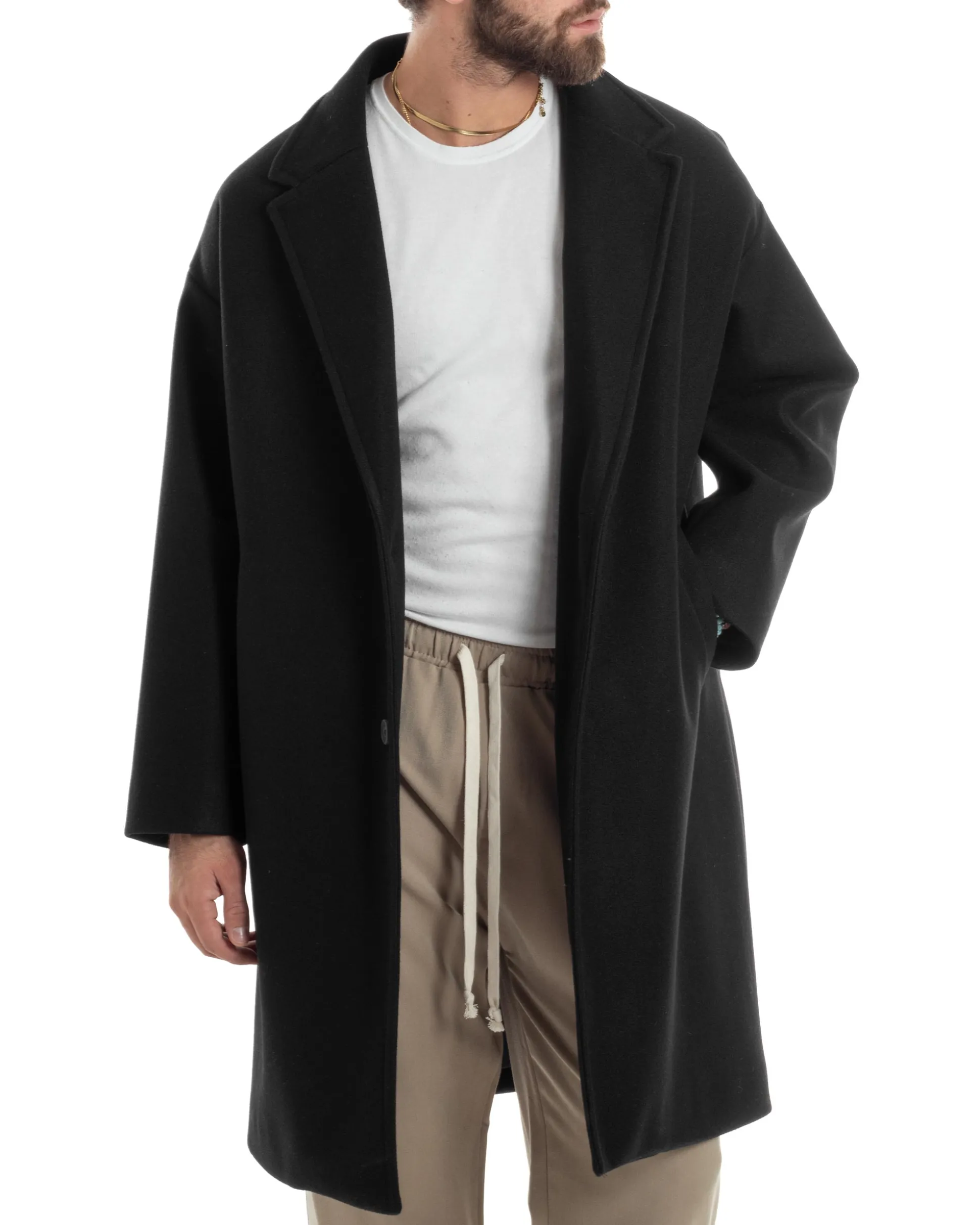 Cappotto Uomo Oversize Monopetto Maniche Raglan Collo Rever Nero CO1064A