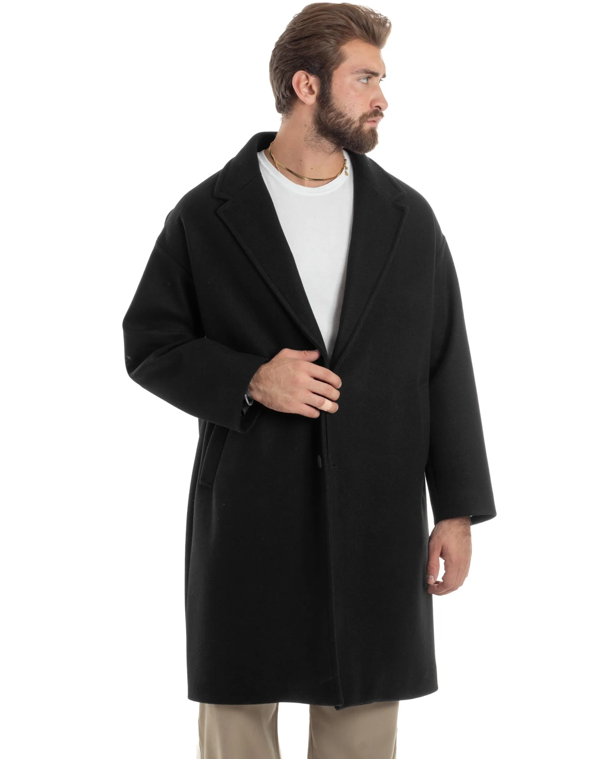 Cappotto Uomo Oversize Monopetto Maniche Raglan Collo Rever Nero CO1064A