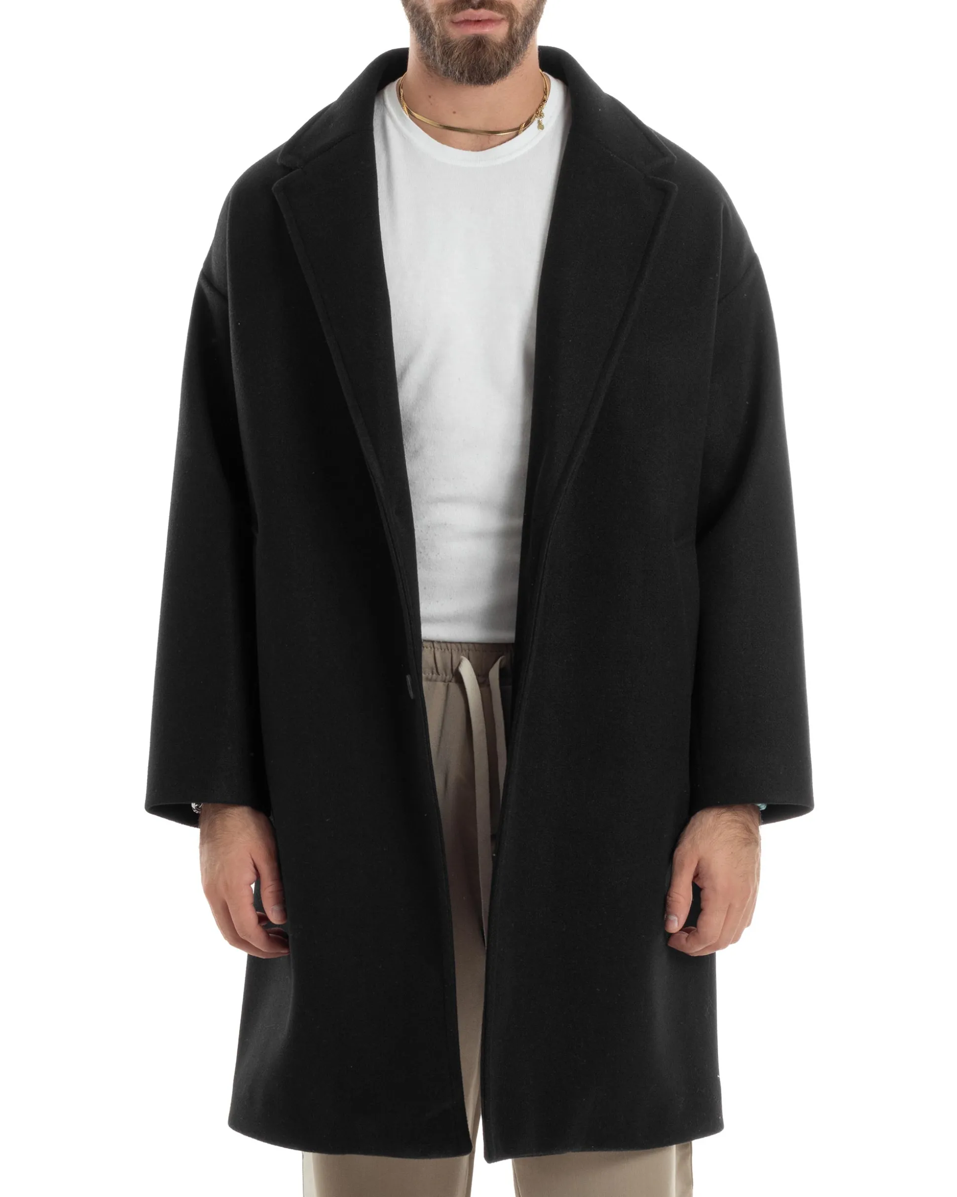 Cappotto Uomo Oversize Monopetto Maniche Raglan Collo Rever Nero CO1064A