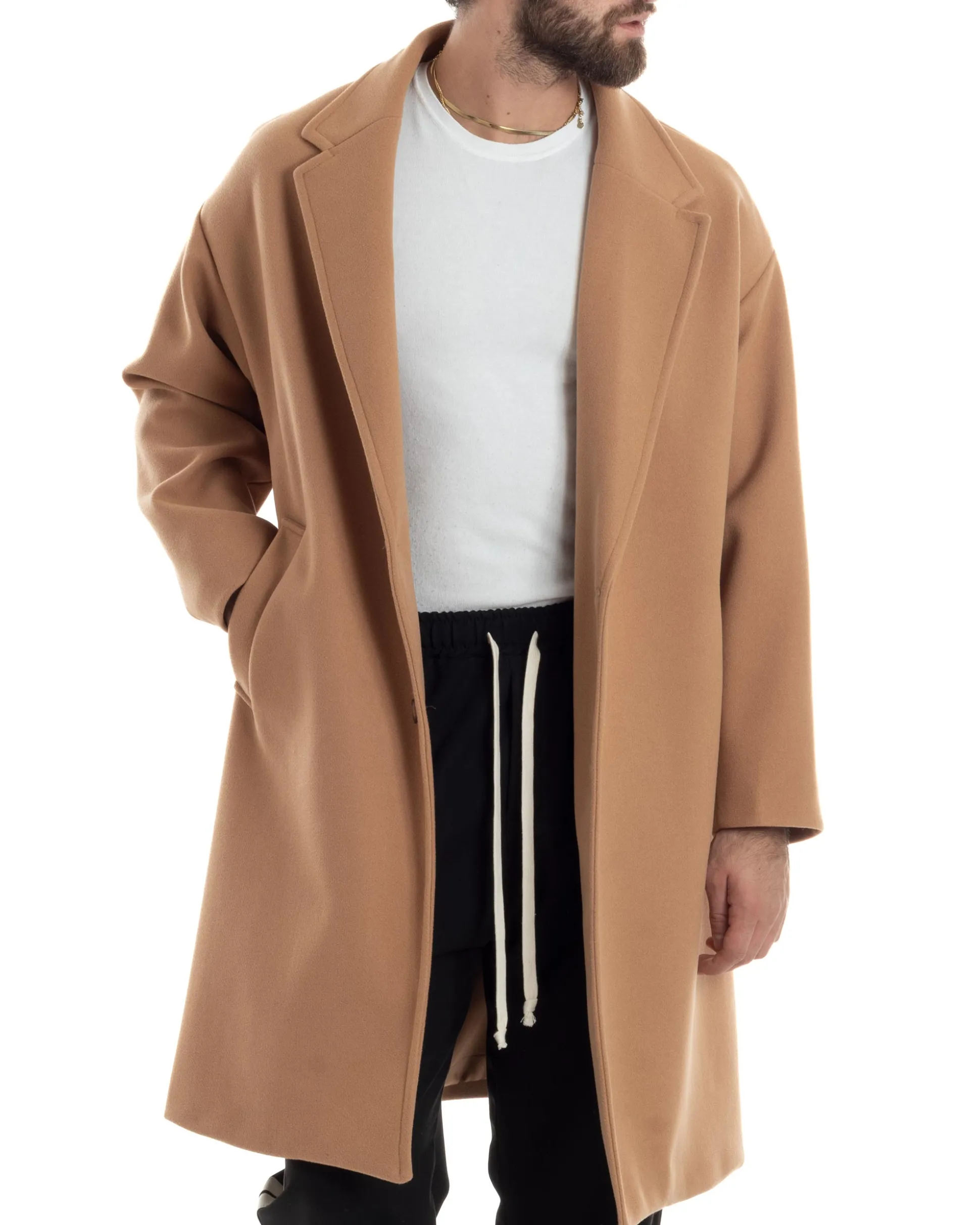 Cappotto Uomo Oversize Monopetto Maniche Raglan Collo Rever Camel CO1063A