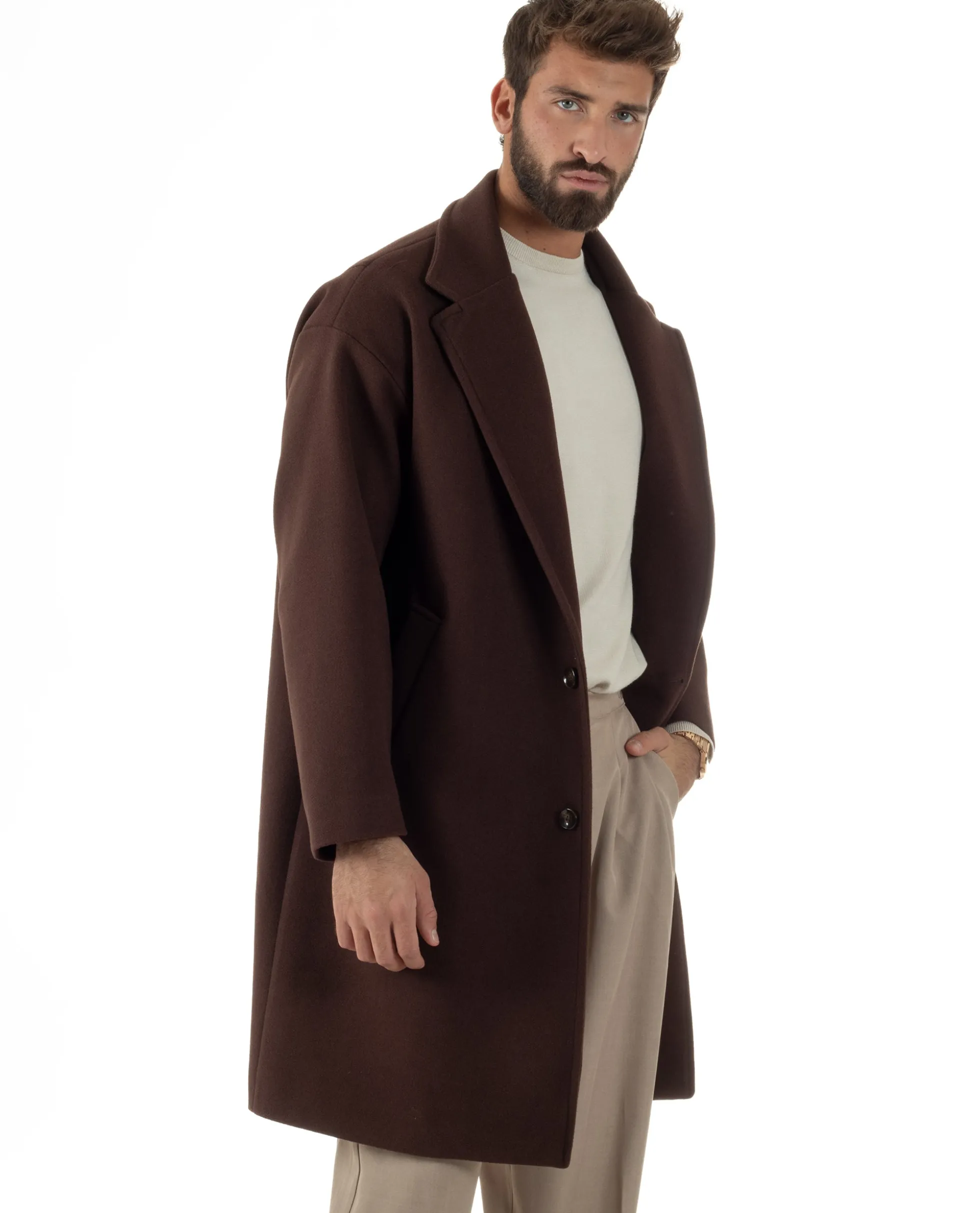 Cappotto Uomo Oversize Monopetto Maniche Raglan Collo Rever Marrone CO1076A