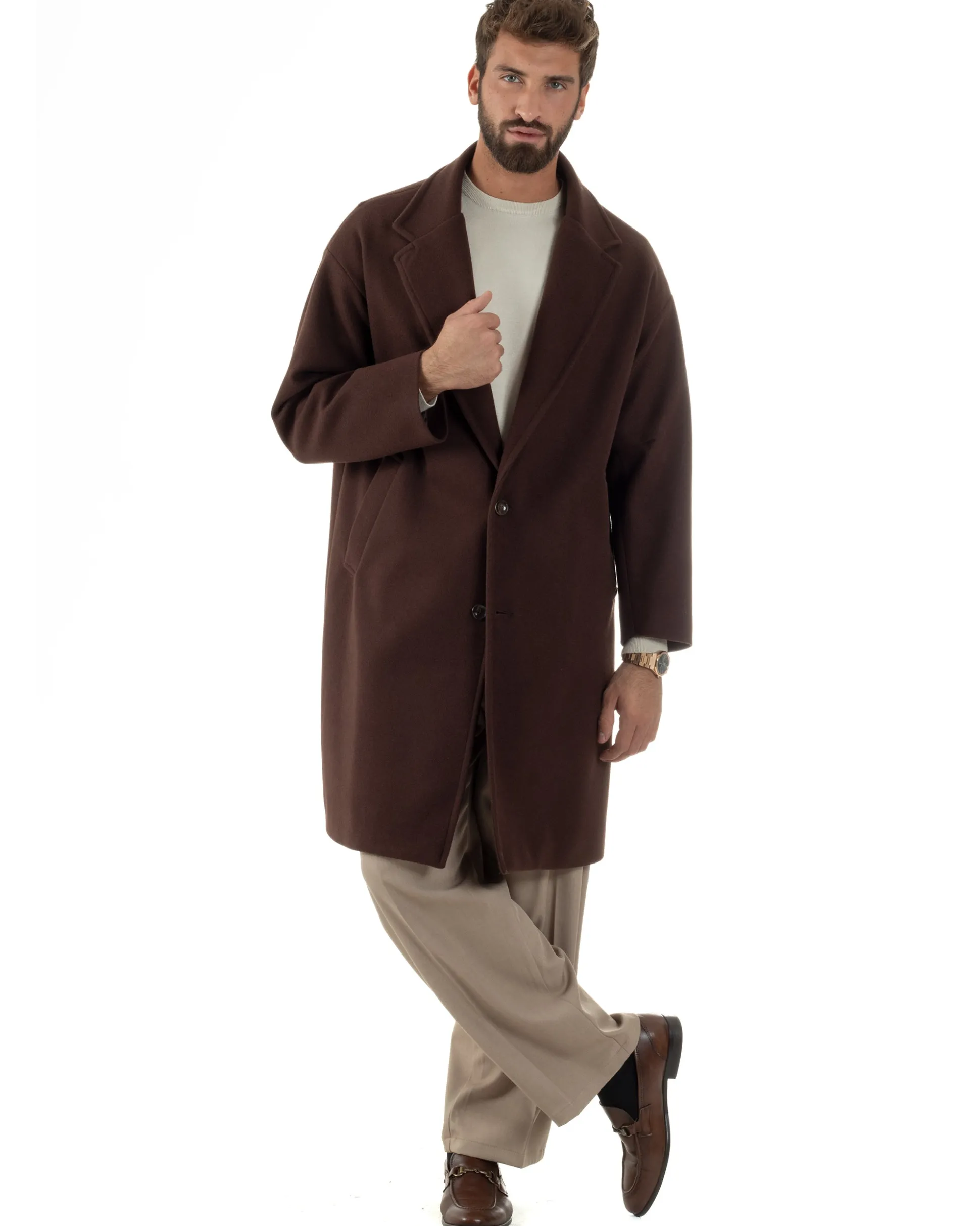 Cappotto Uomo Oversize Monopetto Maniche Raglan Collo Rever Marrone CO1076A