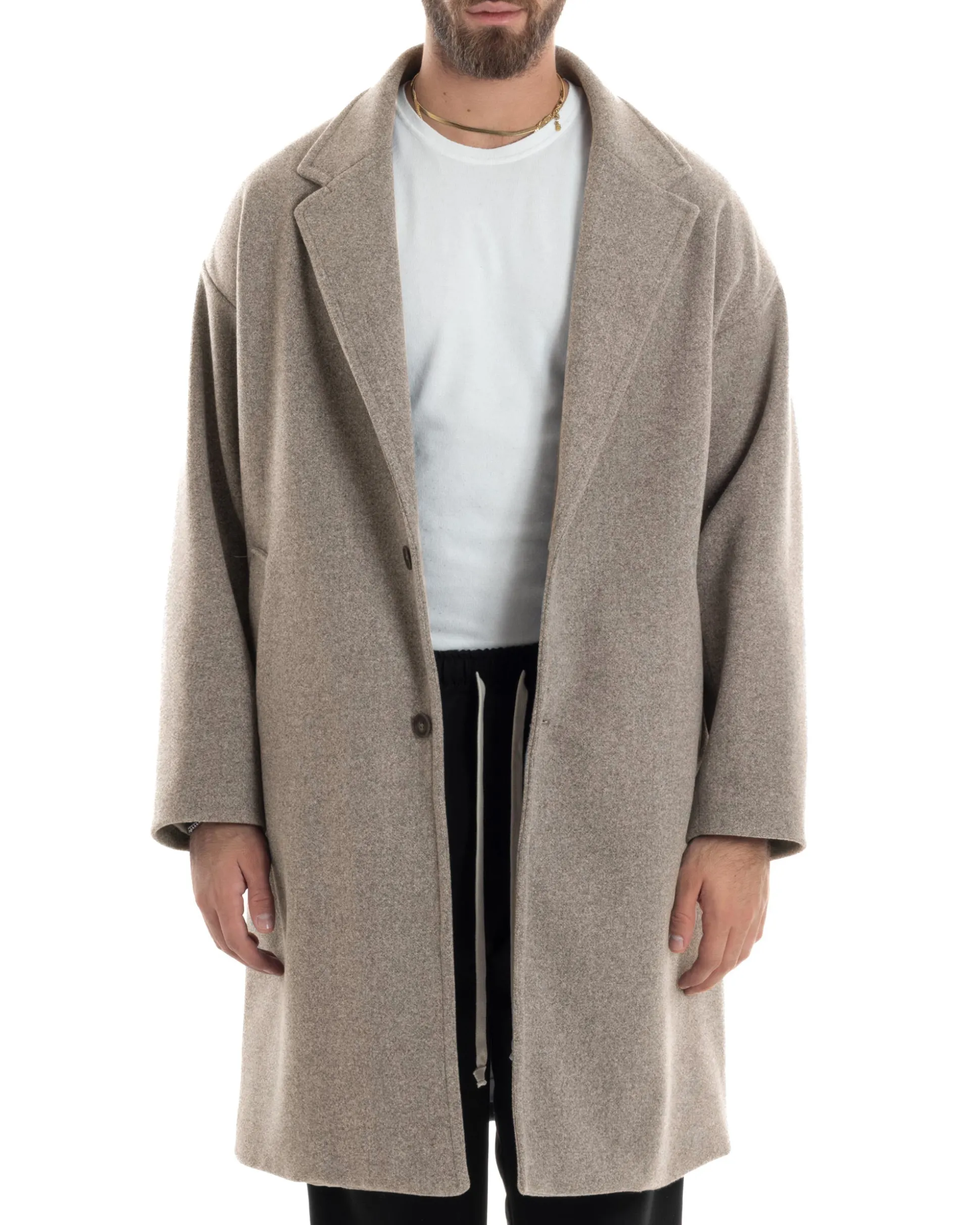 Cappotto Uomo Oversize Monopetto Maniche Raglan Collo Rever Beige CO1107A