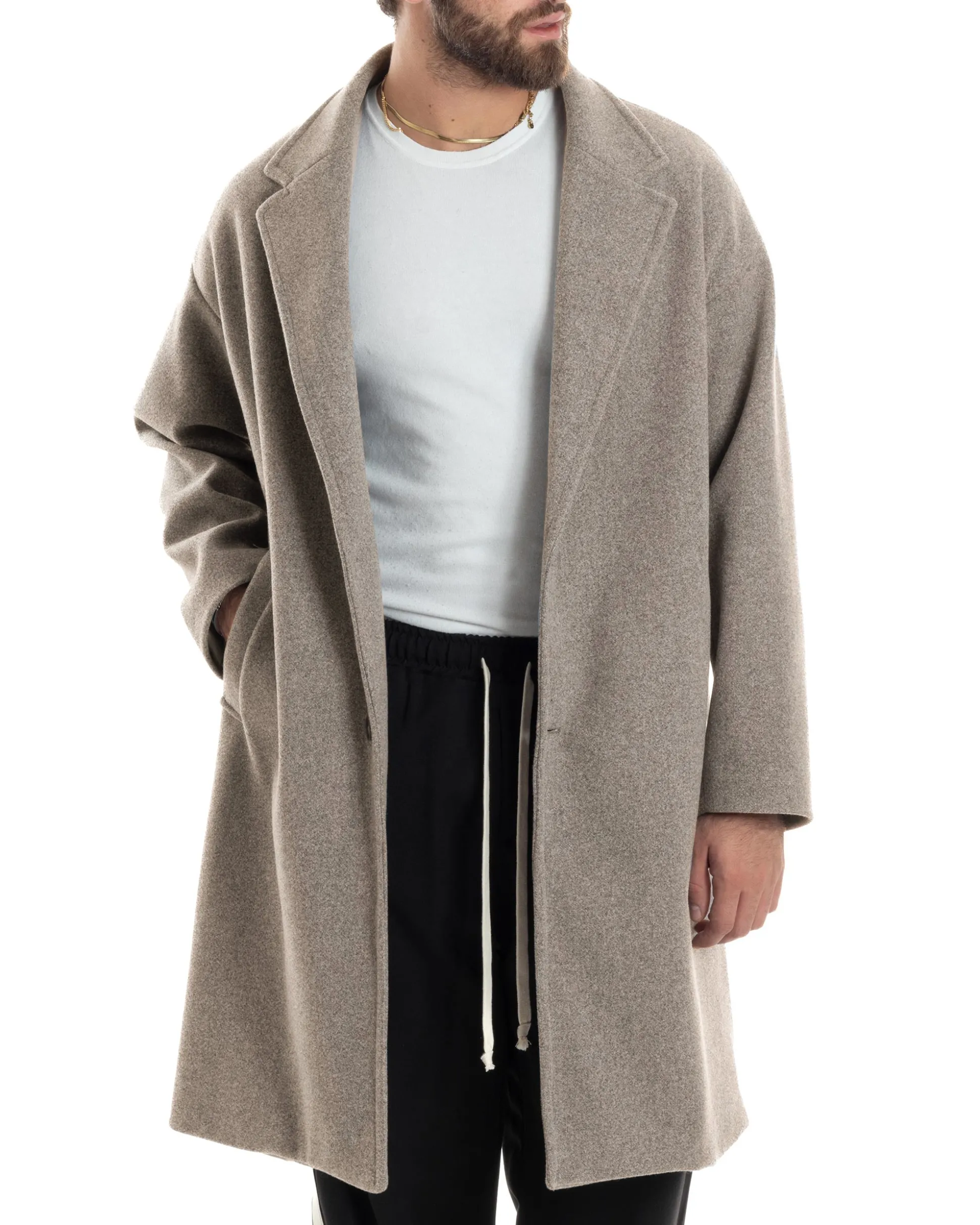 Cappotto Uomo Oversize Monopetto Maniche Raglan Collo Rever Beige CO1107A