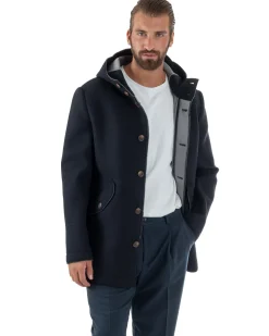 Cappotto Uomo Parka Lungo Cappuccio Tessuto Scuba Lana Blu Over-D OC1F2W5J35