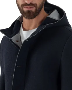 Cappotto Uomo Parka Lungo Cappuccio Tessuto Scuba Lana Blu Over-D OC1F2W5J35