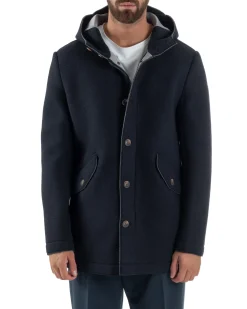 Cappotto Uomo Parka Lungo Cappuccio Tessuto Scuba Lana Blu Over-D OC1F2W5J35