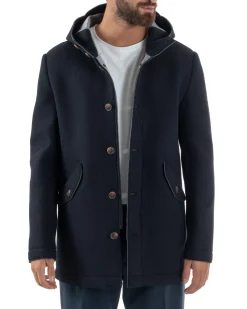 Cappotto Uomo Parka Lungo Cappuccio Tessuto Scuba Lana Blu Over-D OC1F2W5J35
