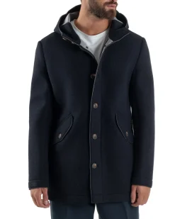 Cappotto Uomo Parka Lungo Cappuccio Tessuto Scuba Lana Blu Over-D OC1F2W5J35