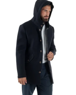 Cappotto Uomo Parka Lungo Cappuccio Tessuto Scuba Lana Blu Over-D OC1F2W5J35