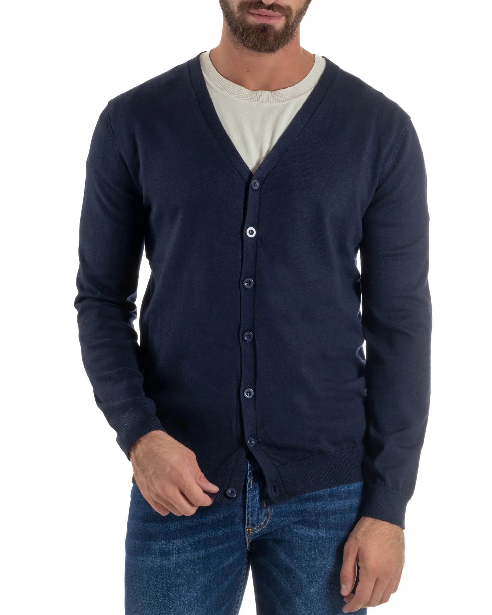 Cardigan Maglia Sottile Scollo a V Basic Blu M2688A