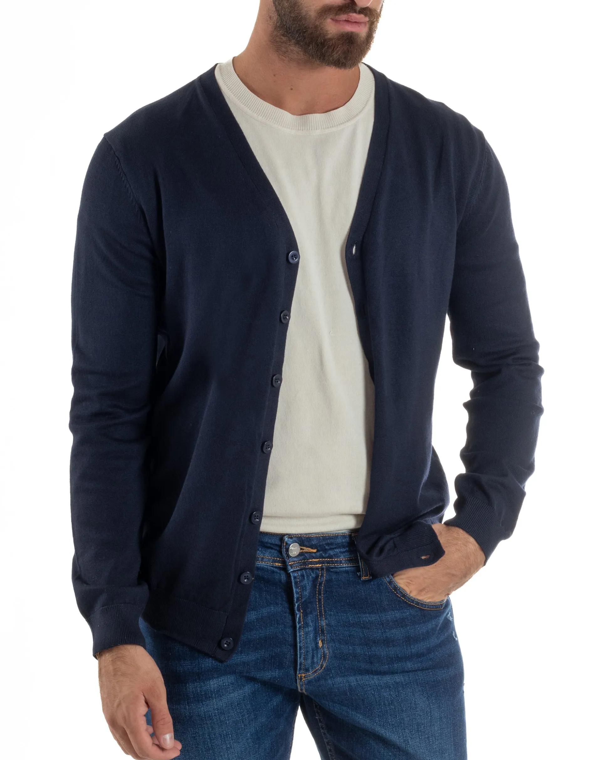 Cardigan Maglia Sottile Scollo a V Basic Blu M2688A