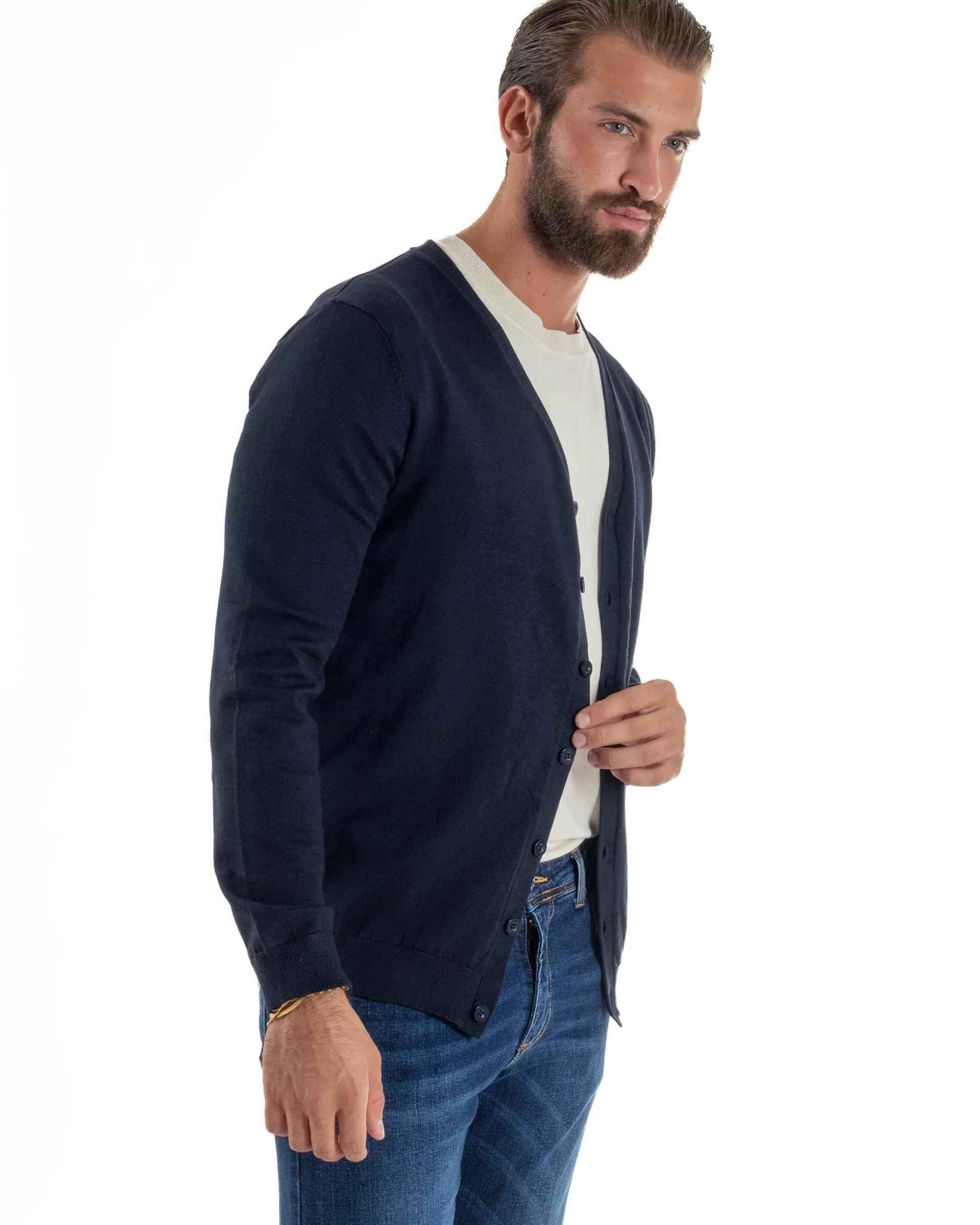 Cardigan Maglia Sottile Scollo a V Basic Blu M2688A