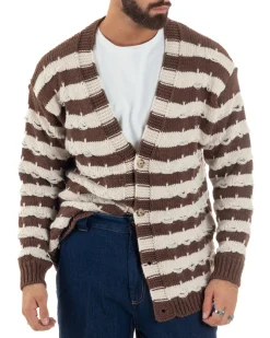 Cardigan Uomo Bicolore Maglia Over Scollo V Rotture Marrone Berna M-252010