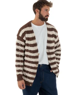 Cardigan Uomo Bicolore Maglia Over Scollo V Rotture Marrone Berna M-252010