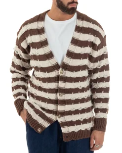 Cardigan Uomo Bicolore Maglia Over Scollo V Rotture Marrone Berna M-252010