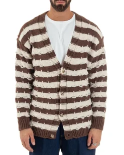 Cardigan Uomo Bicolore Maglia Over Scollo V Rotture Marrone Berna M-252010