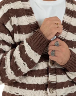 Cardigan Uomo Bicolore Maglia Over Scollo V Rotture Marrone Berna M-252010