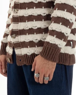Cardigan Uomo Bicolore Maglia Over Scollo V Rotture Marrone Berna M-252010