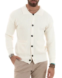 Cardigan Uomo Con Bottoni Maglioncino Con Colletto Polo Maniche Lunghe Tinta Unita Panna GIOSAL-M2947A