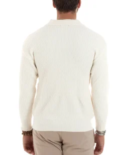 Cardigan Uomo Con Bottoni Maglioncino Con Colletto Polo Maniche Lunghe Tinta Unita Panna GIOSAL-M2947A