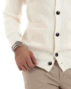 Cardigan Uomo Con Bottoni Maglioncino Con Colletto Polo Maniche Lunghe Tinta Unita Panna GIOSAL-M2947A