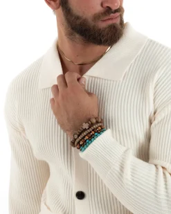 Cardigan Uomo Con Bottoni Maglioncino Con Colletto Polo Maniche Lunghe Tinta Unita Panna GIOSAL-M2947A