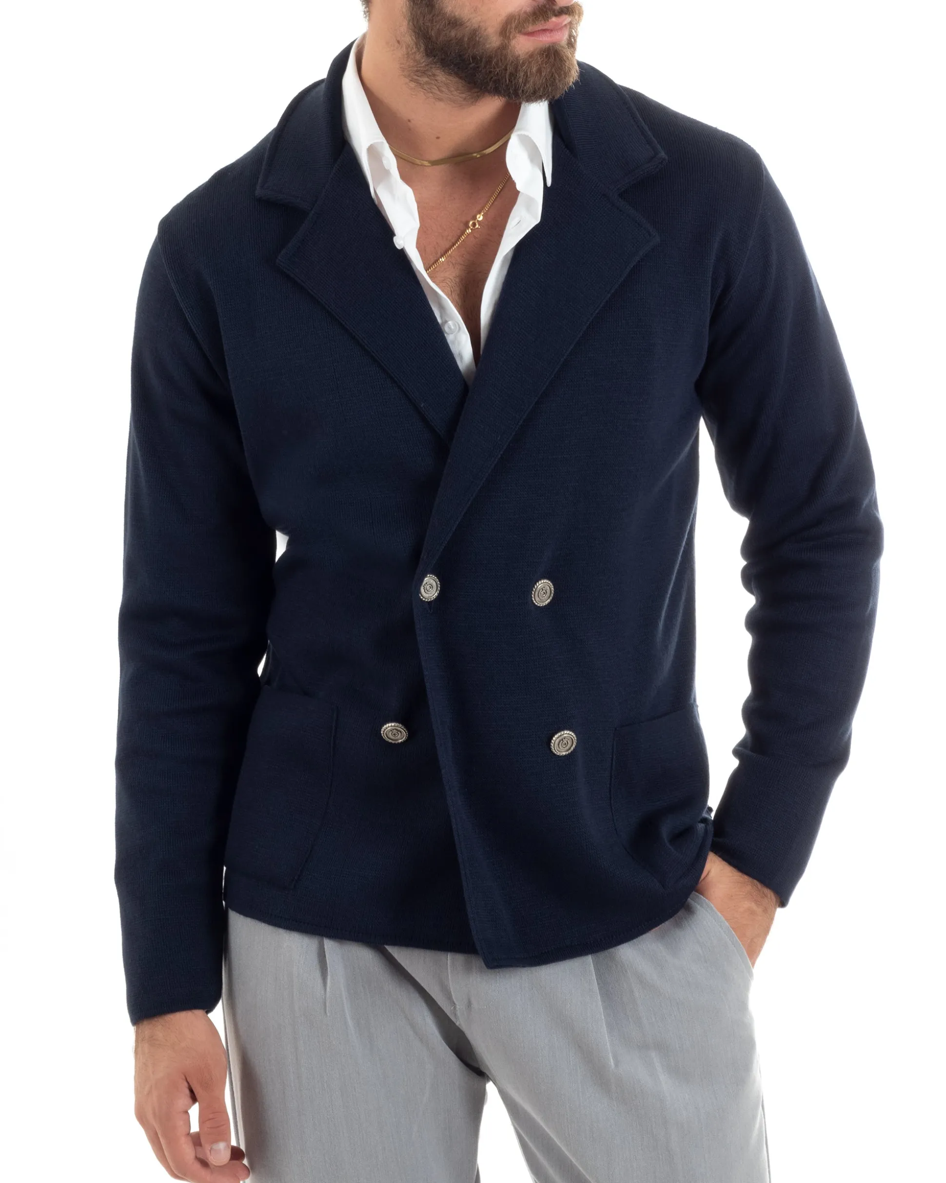 Cardigan uomo doppiopetto giacca bottoni metallo maglia links cotone blu GIOSAL-M2989A
