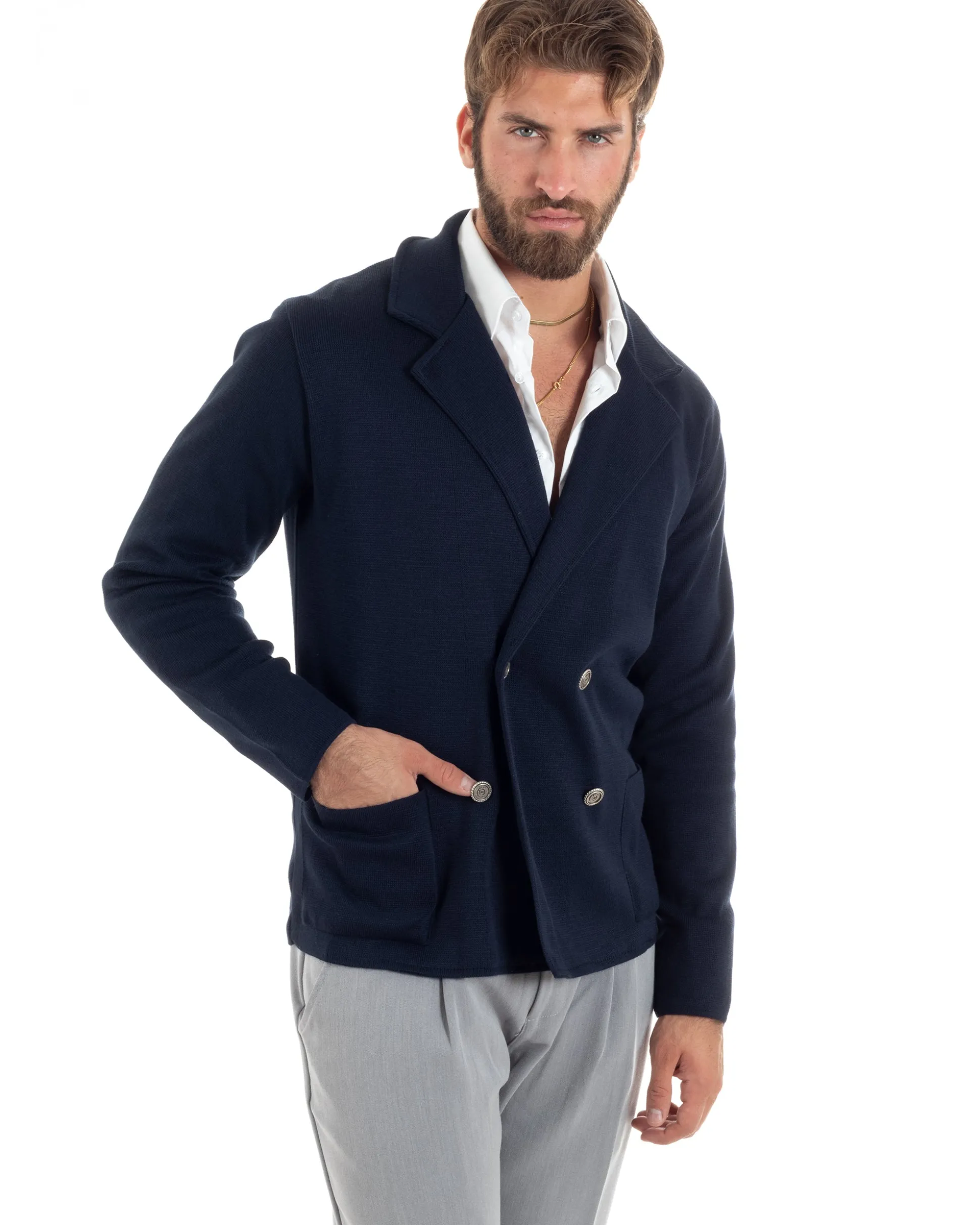 Cardigan uomo doppiopetto giacca bottoni metallo maglia links cotone blu GIOSAL-M2989A