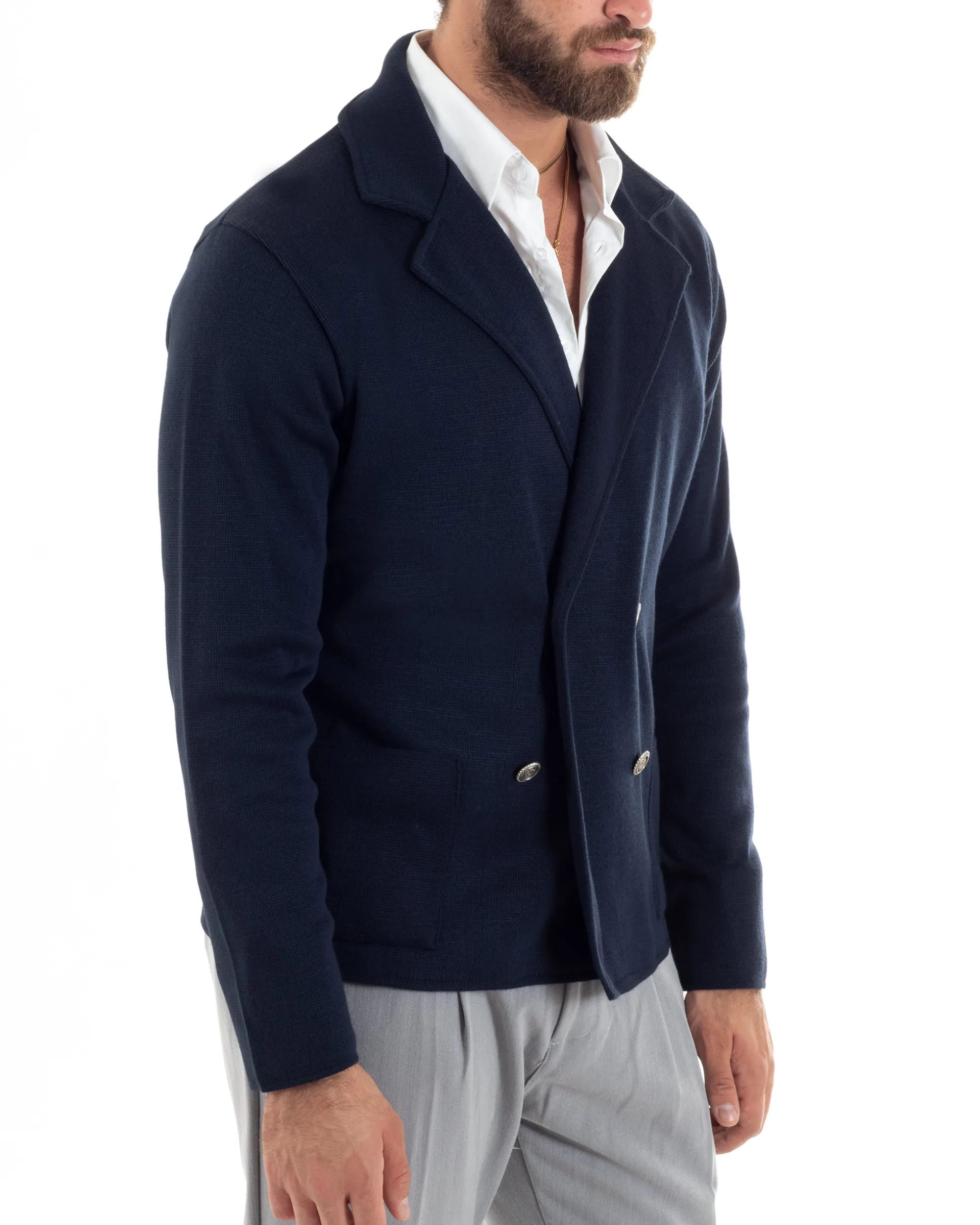 Cardigan uomo doppiopetto giacca bottoni metallo maglia links cotone blu GIOSAL-M2989A