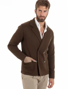 Cardigan uomo doppiopetto giacca bottoni metallo maglia links cotone casual marrone GIOSAL-M3087A