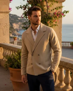 Cardigan uomo doppiopetto giacca bottoni metallo maglia links cotone casual beige GIOSAL-M2988A