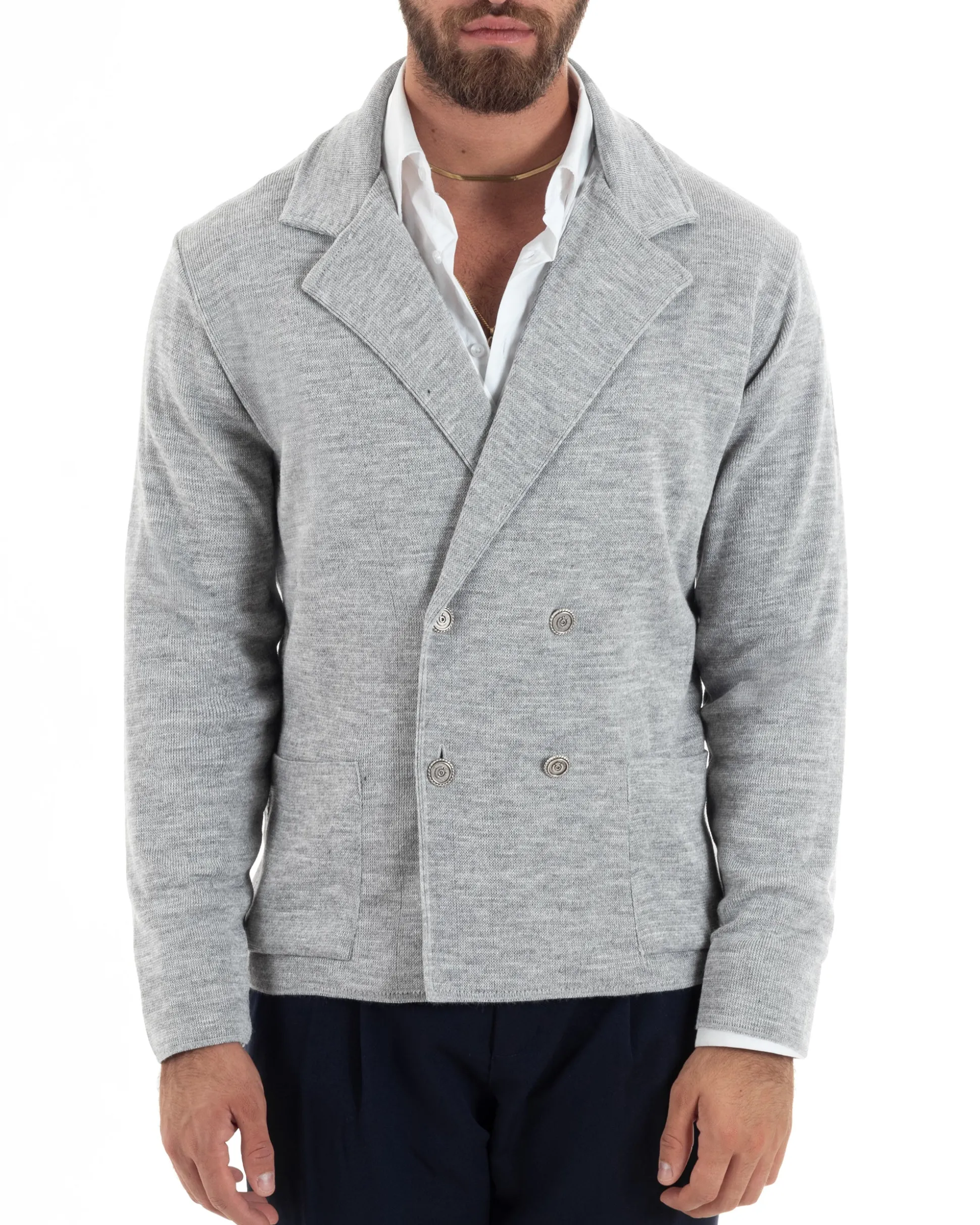 Cardigan uomo doppiopetto giacca bottoni metallo maglia links cotone casual grigio GIOSAL-M2986A