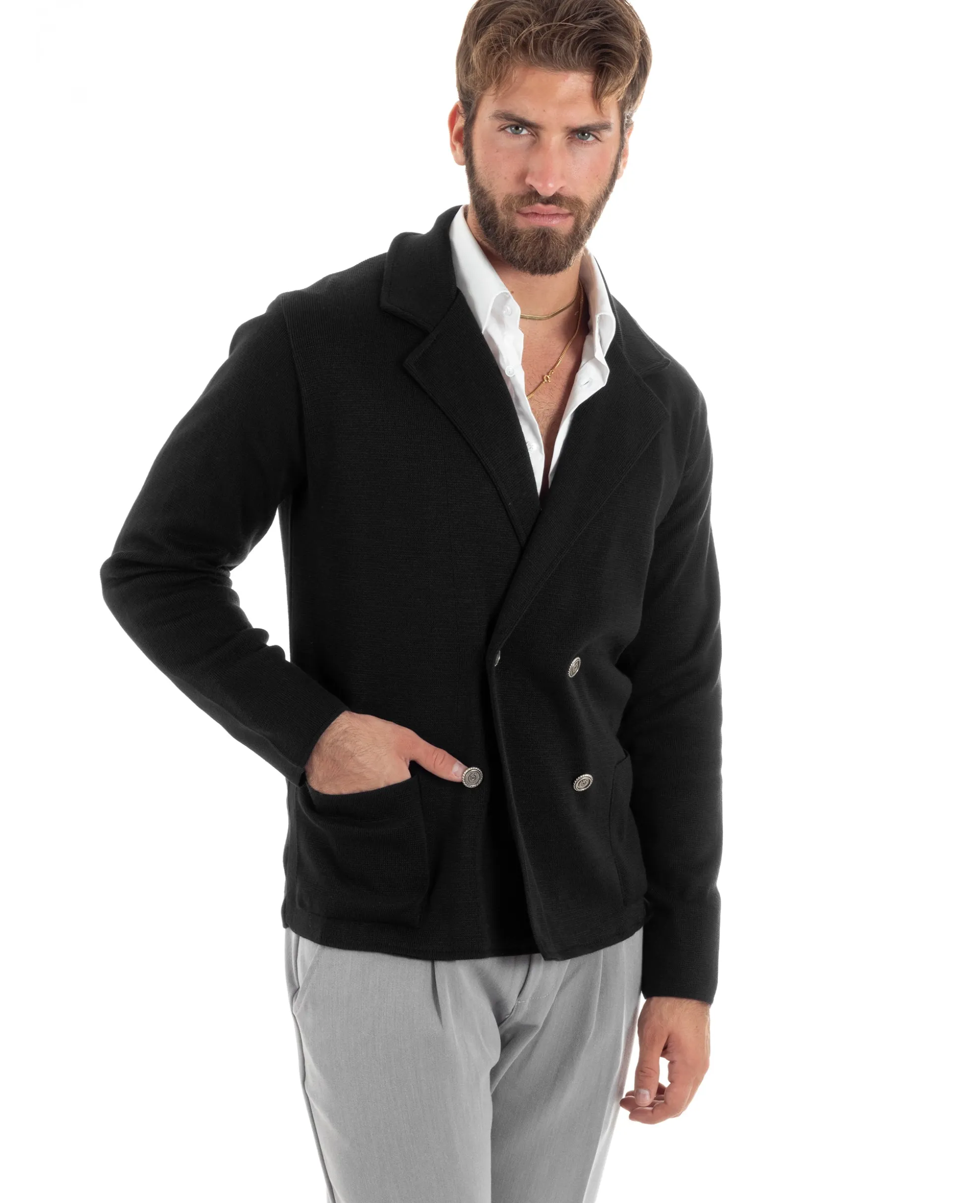 Cardigan uomo doppiopetto giacca bottoni metallo maglia links cotone casual nero GIOSAL-M2987A