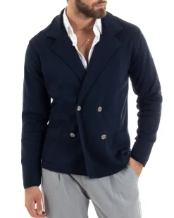 Cardigan uomo doppiopetto giacca con bottoni in metallo maglia links blu GIOSAL-M2892A