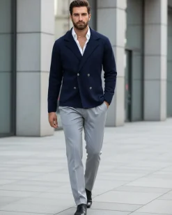 Cardigan uomo doppiopetto giacca con bottoni in metallo maglia links blu GIOSAL-M2892A