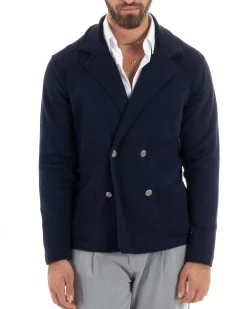 Cardigan uomo doppiopetto giacca con bottoni in metallo maglia links blu GIOSAL-M2892A