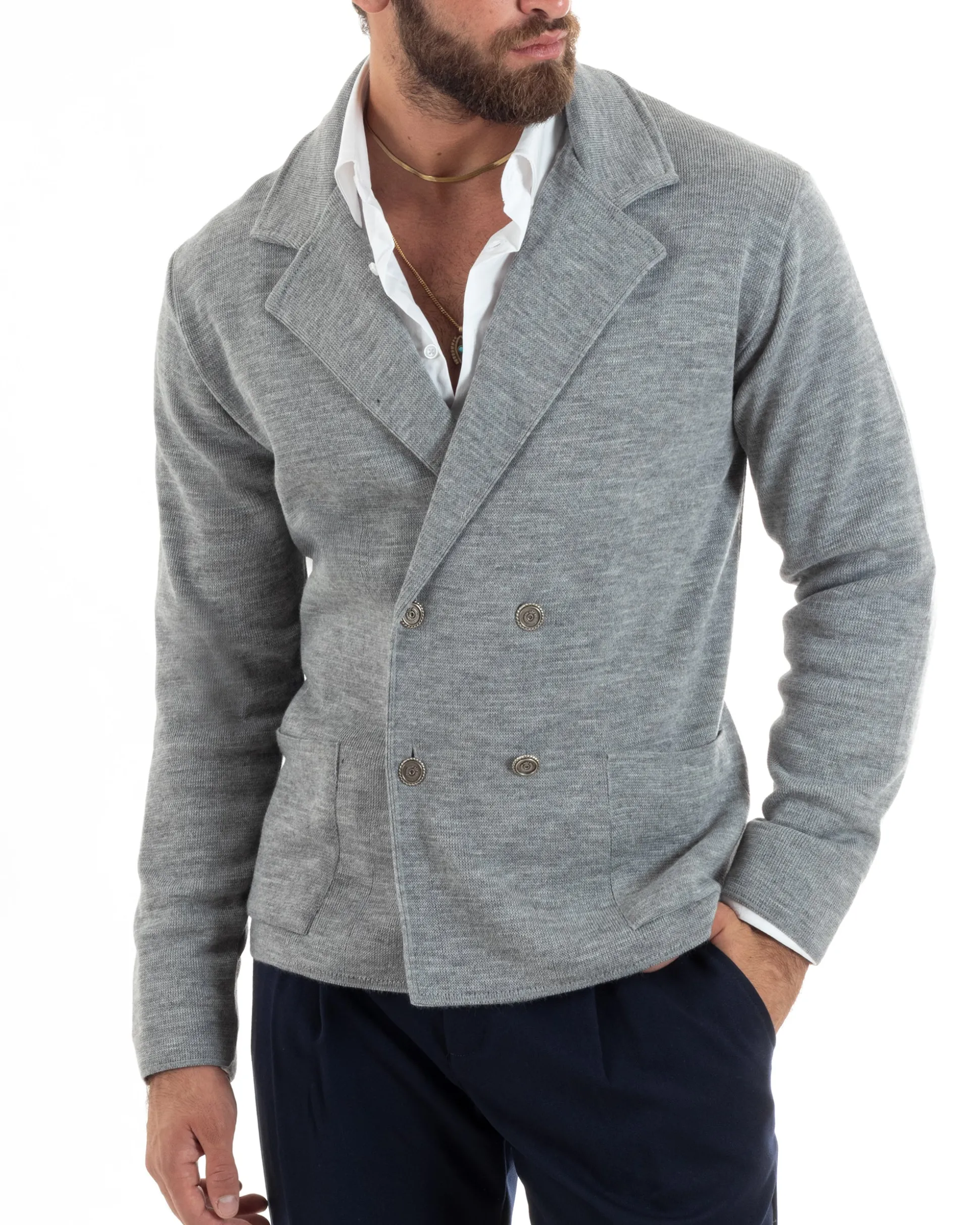 Cardigan uomo doppiopetto giacca bottoni metallo maglia links grigio GIOSAL-M2895A